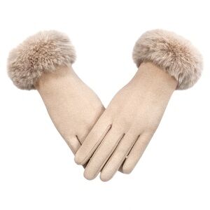 White Cream Fur Cuff Touchscreen Fashion Gloves